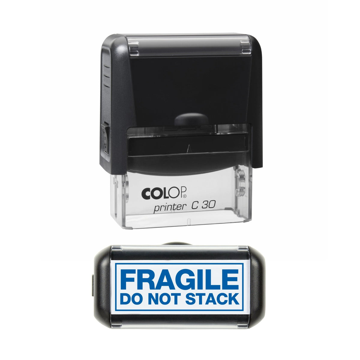 Stamp showing the Fragile Do Not Stack design, 45 x 18mm COLOP C30 self-inking stamp, blue ink