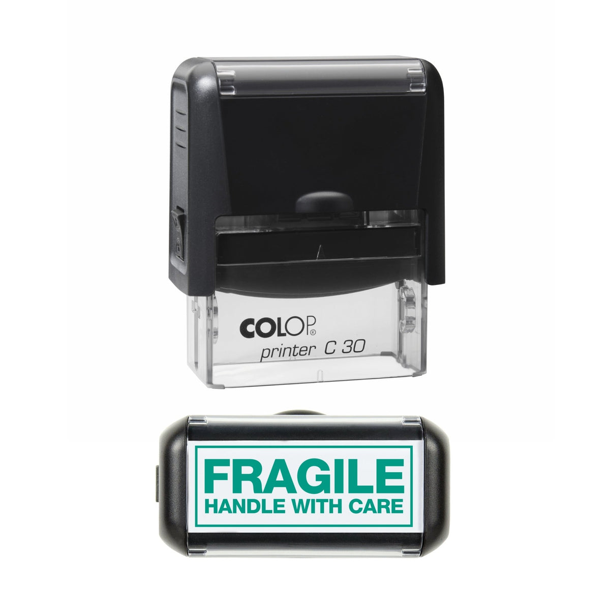 Stamp showing the Fragile Handle With Care design, 45 x 18mm COLOP C30 self-inking stamp, green ink