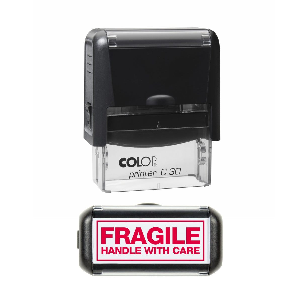 Stamp showing the Fragile Handle With Care design, 45 x 18mm COLOP C30 self-inking stamp, red ink