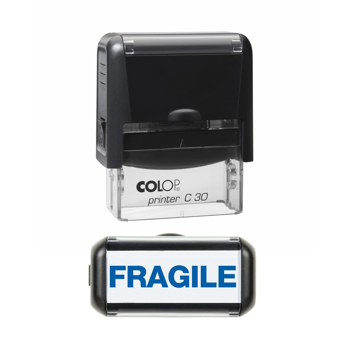 Stamp showing the Fragile design, 45 x 18mm COLOP C30 self-inking stamp, blue ink