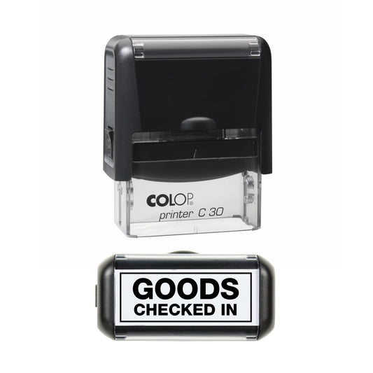 Stamp showing the Goods Checked In design, 45 x 18mm COLOP C30 self-inking stamp, black ink