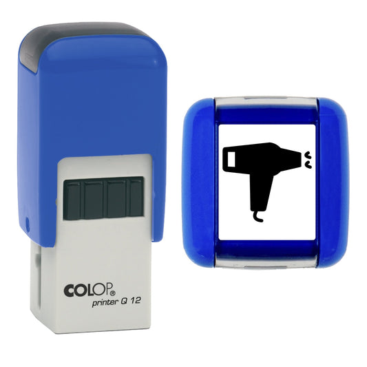 Stamp showing the Hairdryer Loyalty Card design, 12 x 12mm COLOP Q12 self-inking stamp, black ink
