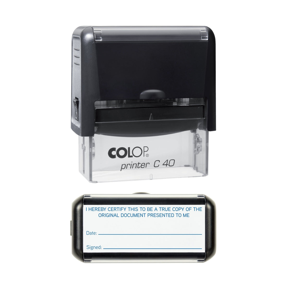 Stamp showing the I Hereby Certify This to Be a True Copy of the Original Document Presented to Me design, 58 x 22mm COLOP C40 self-inking stamp, blue ink