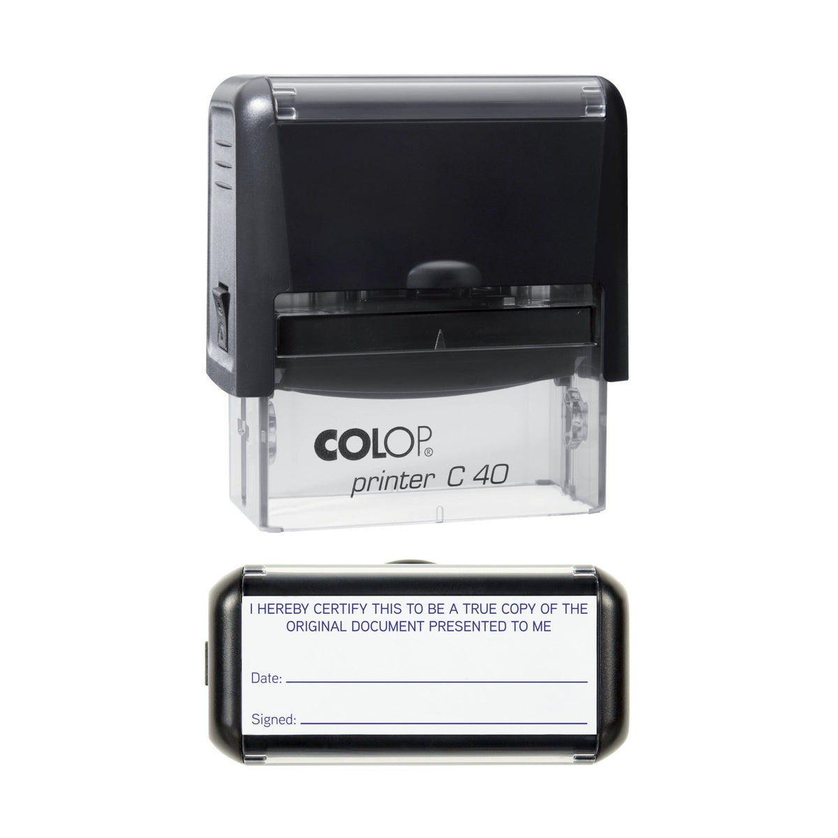 Stamp showing the I Hereby Certify This to Be a True Copy of the Original Document Presented to Me design, 58 x 22mm COLOP C40 self-inking stamp, violet ink