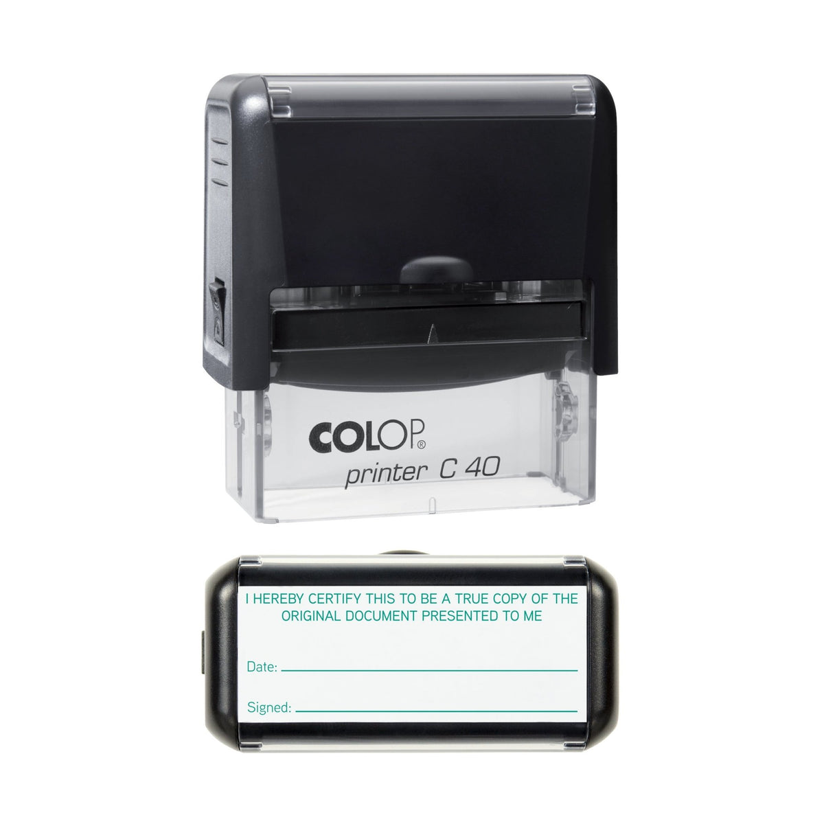 Stamp showing the I Hereby Certify This to Be a True Copy of the Original Document Presented to Me design, 58 x 22mm COLOP C40 self-inking stamp, green ink