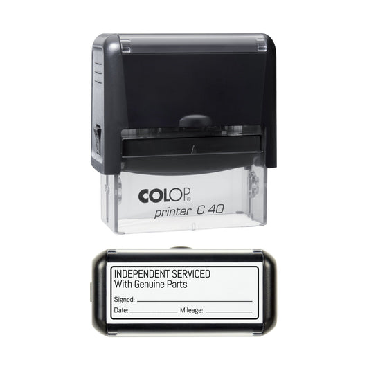Stamp showing the Independent Service With Genuine Parts design, 58 x 22mm COLOP C40 self-inking stamp, black ink