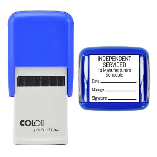 Stamp showing the Independent Serviced To Manufacturers Schedule design, 30 x 30mm COLOP Q30 self-inking stamp, black ink
