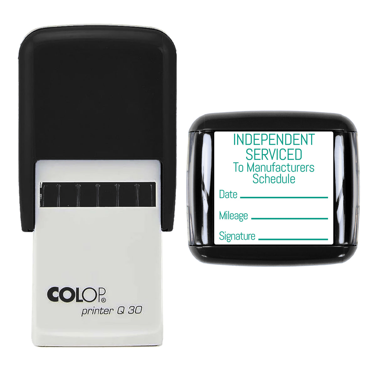 Stamp showing the Independent Serviced To Manufacturers Schedule design, 30 x 30mm COLOP Q30 self-inking stamp, green ink