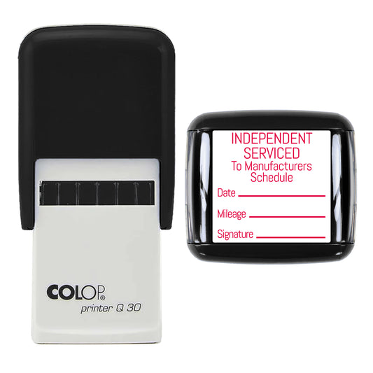 Stamp showing the Independent Serviced To Manufacturers Schedule design, 30 x 30mm COLOP Q30 self-inking stamp, red ink