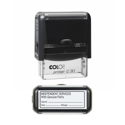 Stamp showing the Independent Serviced With Genuine Parts design, 45 x 18mm COLOP C30 self-inking stamp, black ink