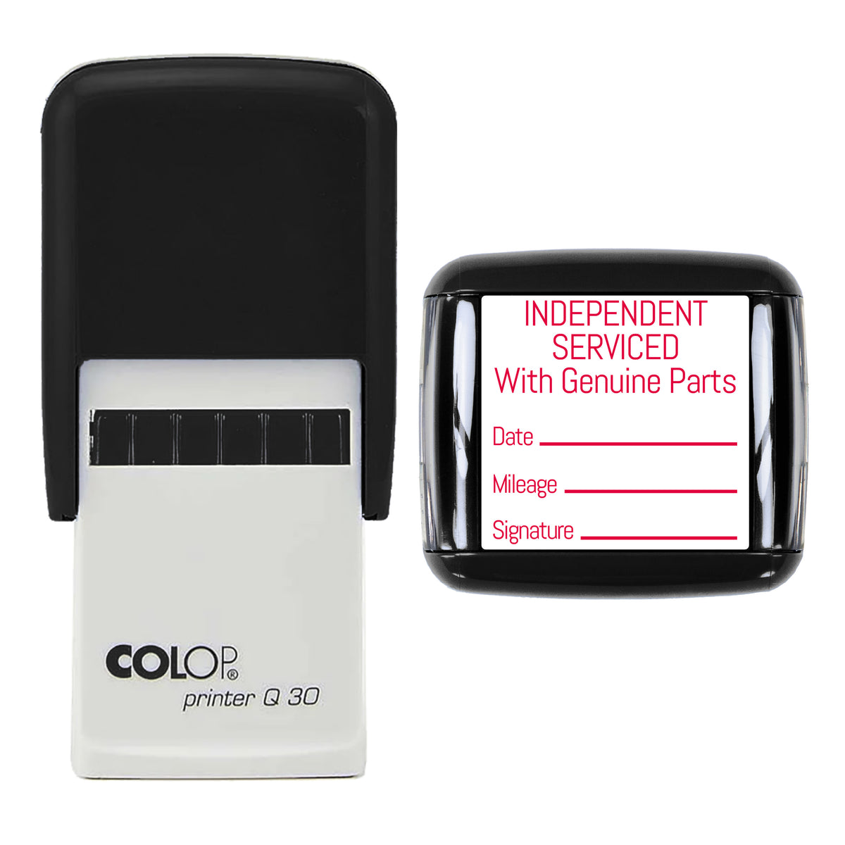 Stamp showing the Independent Serviced With Genuine Parts design, 30 x 30mm COLOP Q30 self-inking stamp, red ink