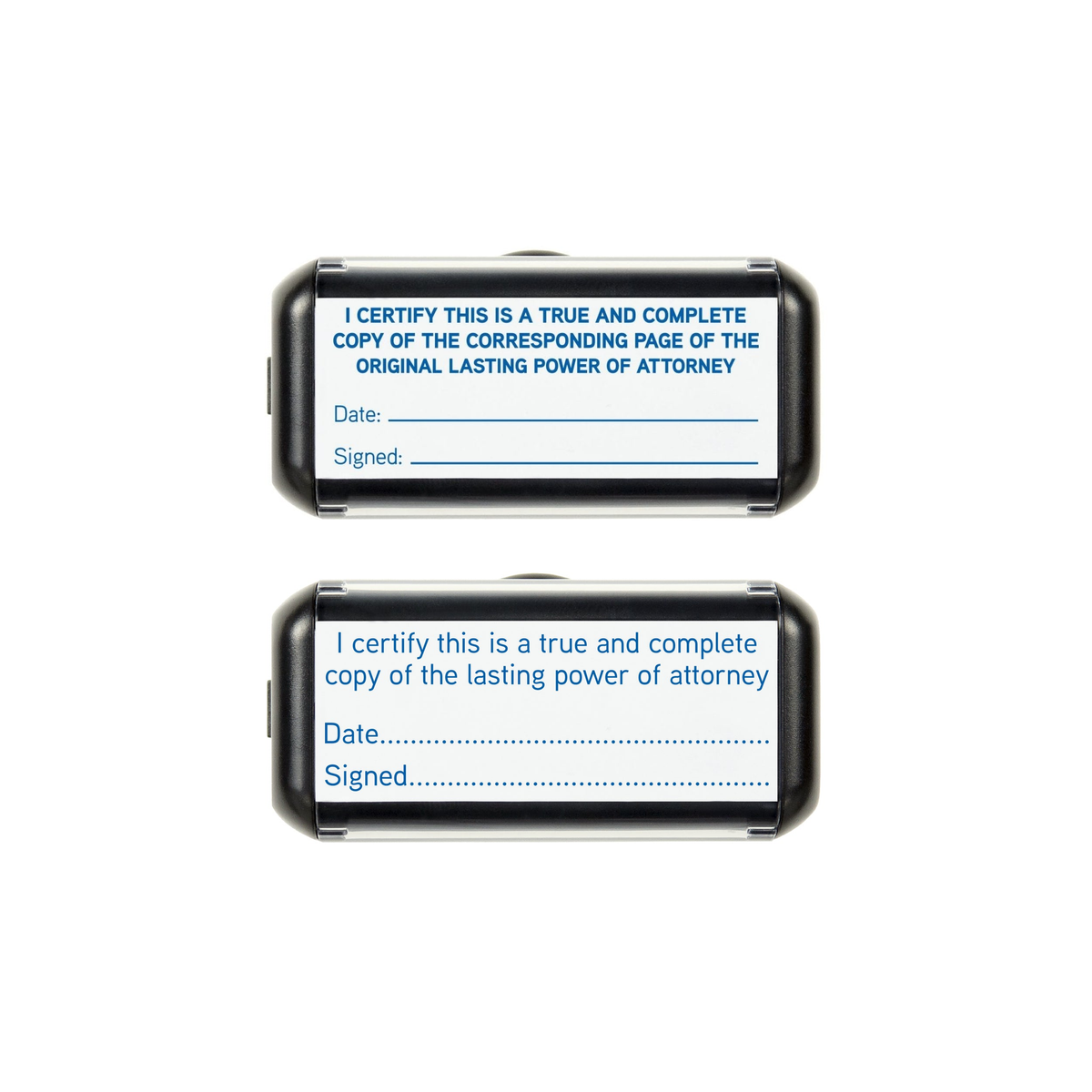 Lasting Power of Attorney certification stamp pack, every-page and final-page impressions, blue ink