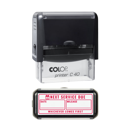 Stamp showing the Next Service Due Reminder design, 58 x 22mm COLOP C40 self-inking stamp, red ink