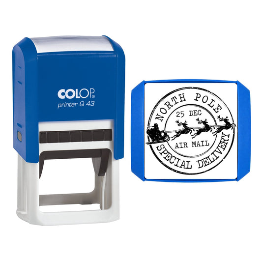 Stamp showing the North Pole Air Mail Special Delivery design, 43 x 43mm COLOP Q43 self-inking stamp, black ink
