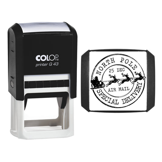 Stamp showing the North Pole Air Mail Special Delivery design, 43 x 43mm COLOP Q43 self-inking stamp, black ink