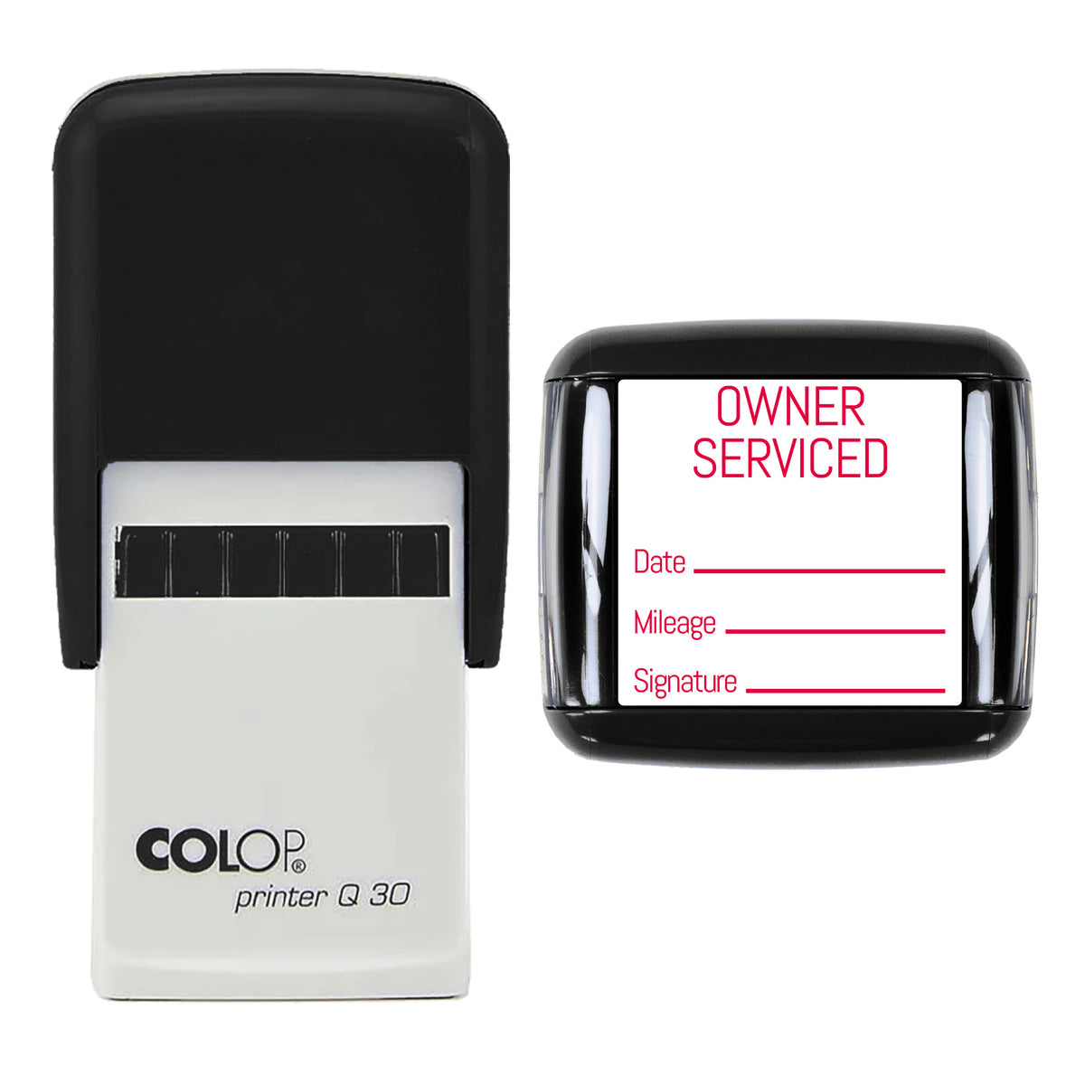 Stamp showing the Owner Serviced design, 30 x 30mm COLOP Q30 self-inking stamp, red ink
