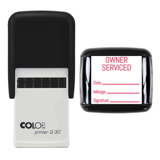 Stamp showing the Owner Serviced design, 30 x 30mm COLOP Q30 self-inking stamp, red ink