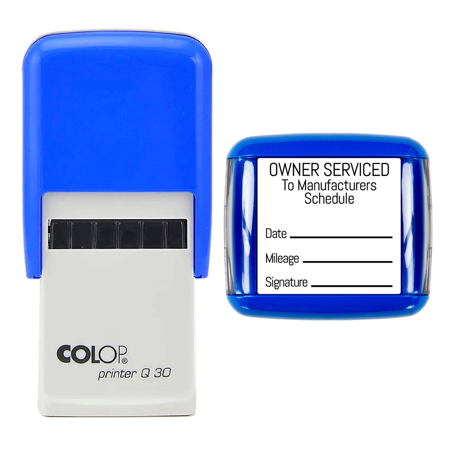 Owner Serviced To Manufacturers Schedule - Self Inking Rubber Stamp - 30mm x 30mm Impression