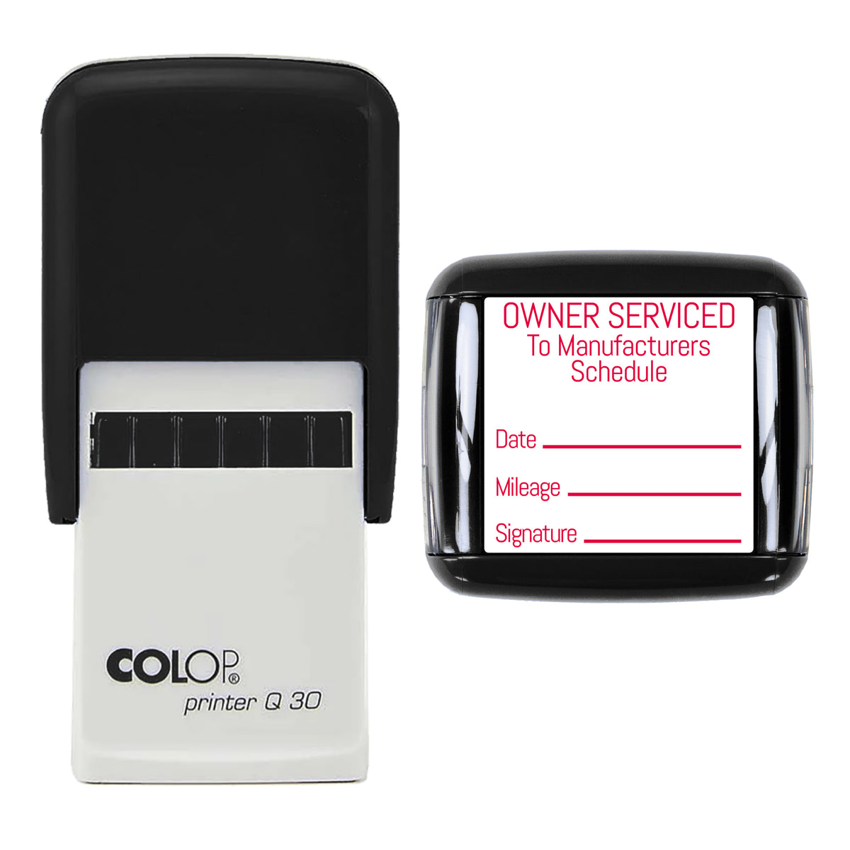 Stamp showing the Owner Serviced To Manufacturers Schedule design, 30 x 30mm COLOP Q30 self-inking stamp, red ink