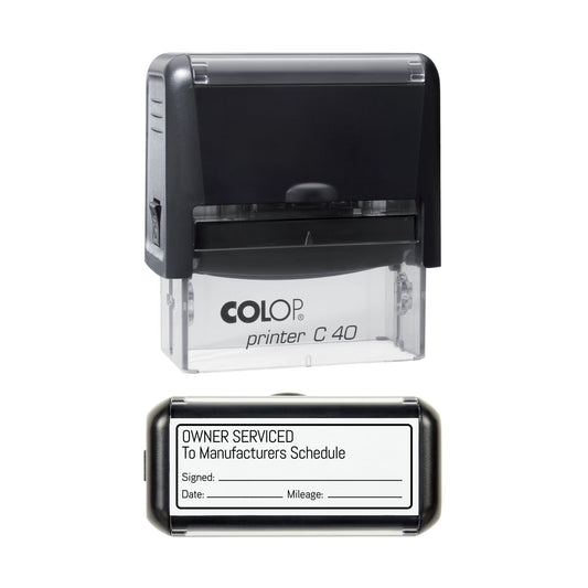 Stamp showing the Owner Serviced To Manufacturers Schedule design, 58 x 22mm COLOP C40 self-inking stamp, black ink