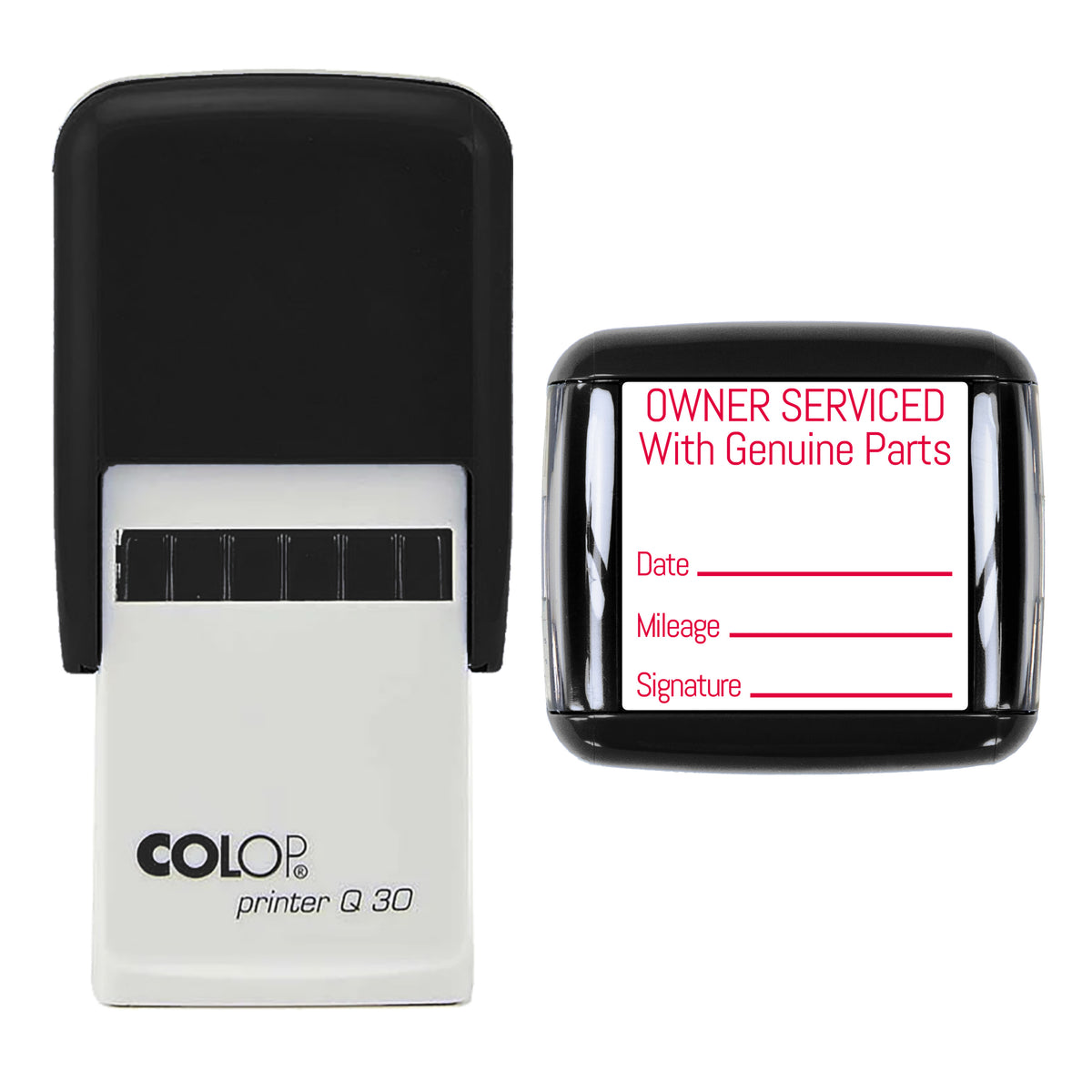 Stamp showing the Owner Serviced With Genuine Parts design, 30 x 30mm COLOP Q30 self-inking stamp, red ink