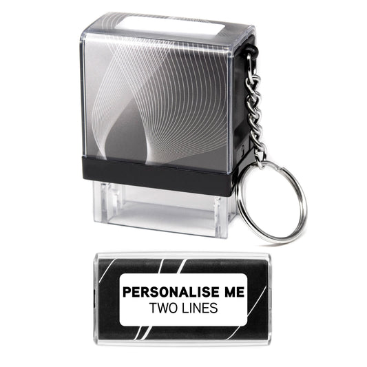 26mm x 9mm - Self-inking Personalised Keyring Key Ring Rubber Stamp With Black Ink - Two Lines Of Text