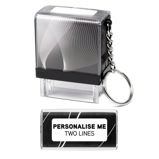 26mm x 9mm - Self-inking Personalised Keyring Key Ring Rubber Stamp With Black Ink - Two Lines Of Text