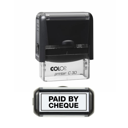 Stamp showing the Paid by Cheque design, 45 x 18mm COLOP C30 self-inking stamp, black ink