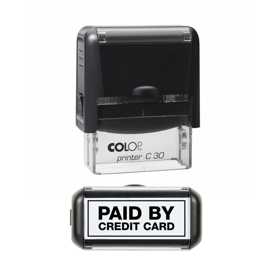Stamp showing the Paid by Credit Card design, 45 x 18mm COLOP C30 self-inking stamp, black ink