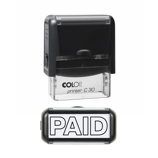 Stamp showing the Paid Outline design, 45 x 18mm COLOP C30 self-inking stamp, black ink