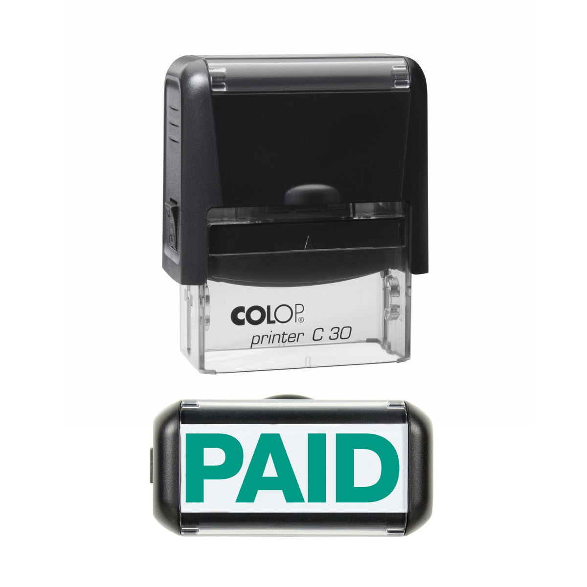 Stamp showing the Paid design, 45 x 18mm COLOP C30 self-inking stamp, green ink