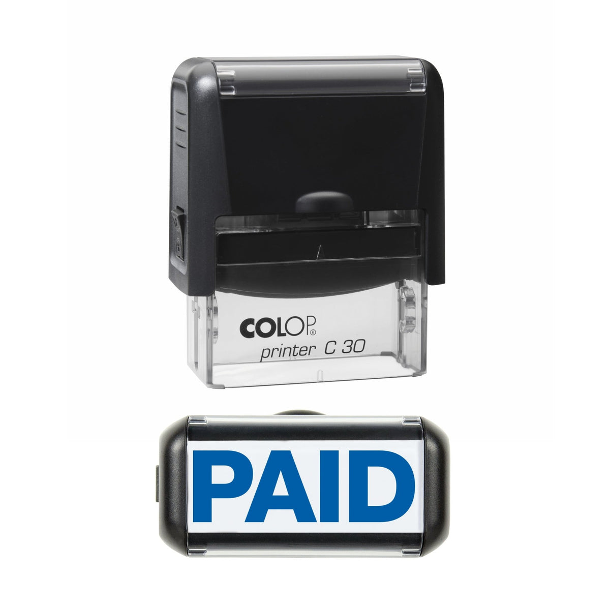 Stamp showing the Paid design, 45 x 18mm COLOP C30 self-inking stamp, blue ink