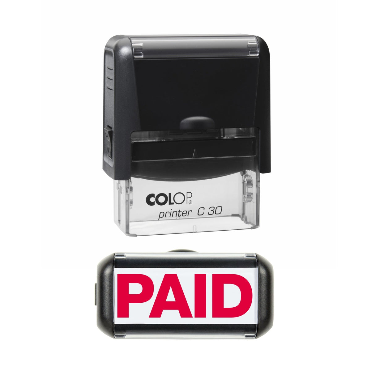 Stamp showing the Paid design, 45 x 18mm COLOP C30 self-inking stamp, red ink