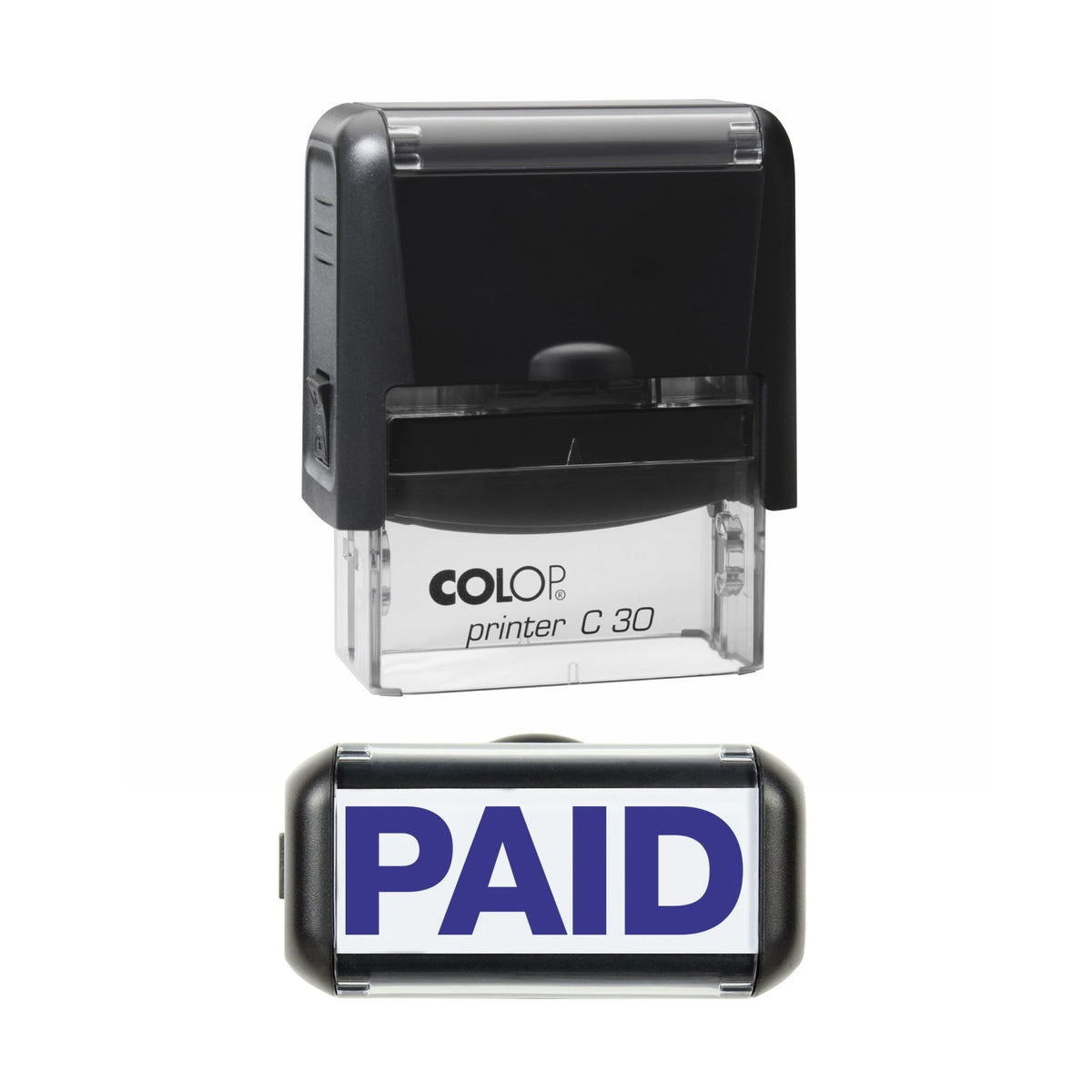 Stamp showing the Paid design, 45 x 18mm COLOP C30 self-inking stamp, violet ink