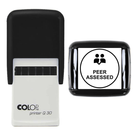 Stamp showing the Peer Assessed design, 30 x 30mm COLOP Q30 self-inking stamp, black ink