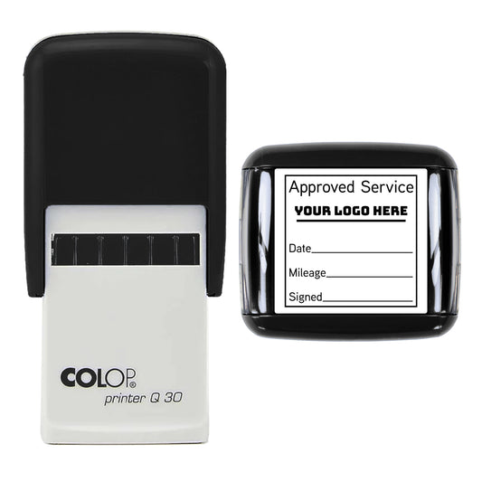 Stamp showing the Personalised Car Service Logo design, 30 x 30mm COLOP Q30 self-inking stamp, black ink