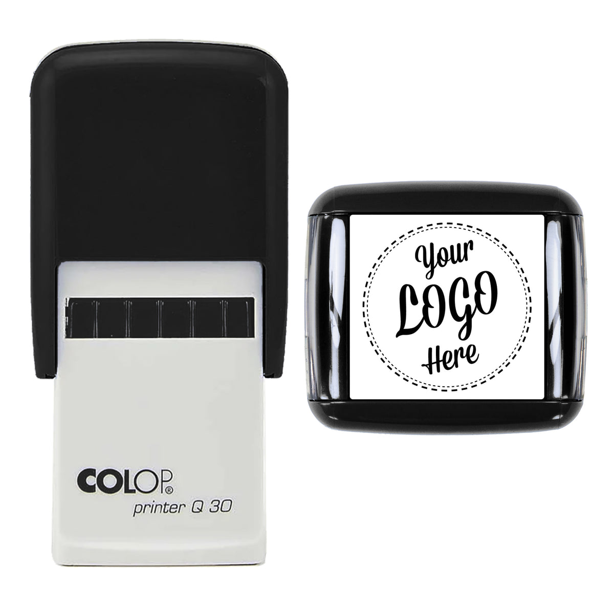 Stamp showing the Personalised Custom Logo design, 30 x 30mm COLOP Q30 self-inking stamp, black ink