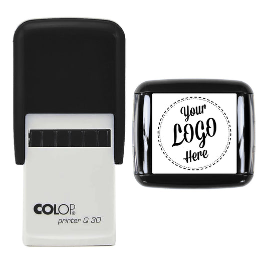 Stamp showing the Personalised Custom Logo design, 30 x 30mm COLOP Q30 self-inking stamp, black ink