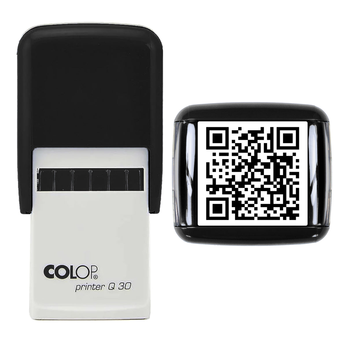 Stamp showing the Personalised QR Code design, 30 x 30mm COLOP Q30 self-inking stamp, black ink