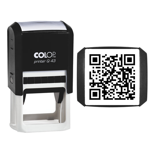 Stamp showing the Personalised QR Code design, 43 x 43mm COLOP Q43 self-inking stamp, black ink