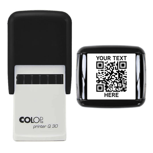 Stamp showing the Personalised QR Code with Two Lines of Text design, 30 x 30mm COLOP Q30 self-inking stamp, black ink