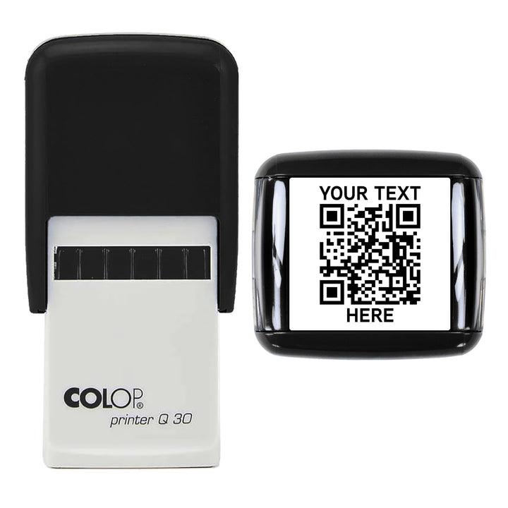Personalised QR Code Stamp – Custom URL Stamp - Self Inking - 30mm - QR Code + Two Lines of Text