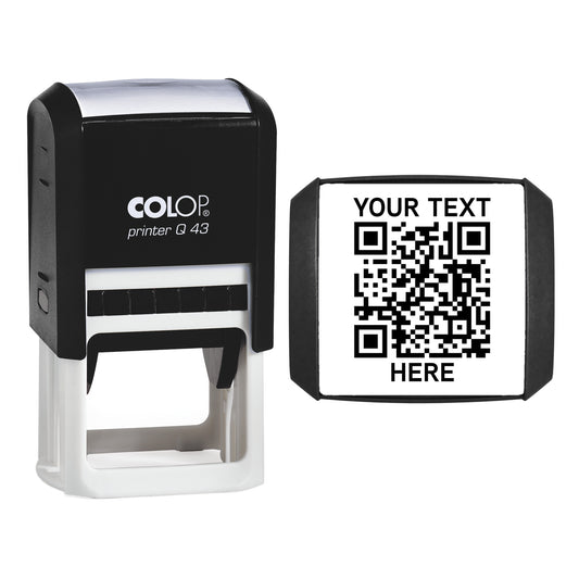 Stamp showing the Personalised QR Code with Two Lines of Text design, 43 x 43mm COLOP Q43 self-inking stamp, black ink