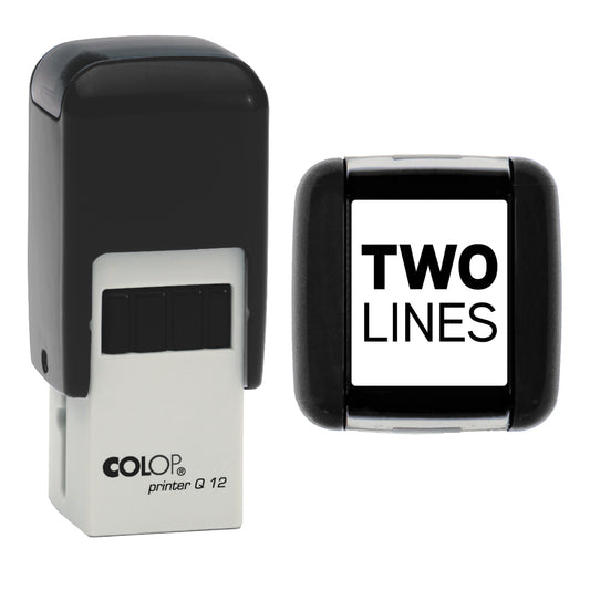 Stamp showing the Personalised Custom Text design, 11 x 11mm COLOP Q12 self-inking stamp, black ink