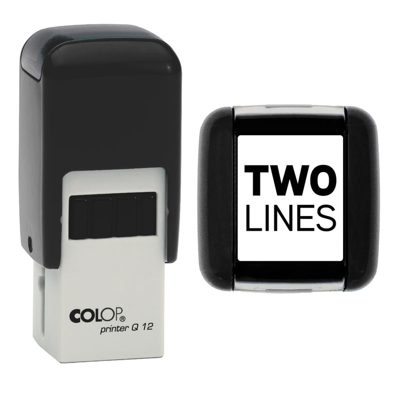 Stamp showing the Personalised Custom Text design, 11 x 11mm COLOP Q12 self-inking stamp, black ink