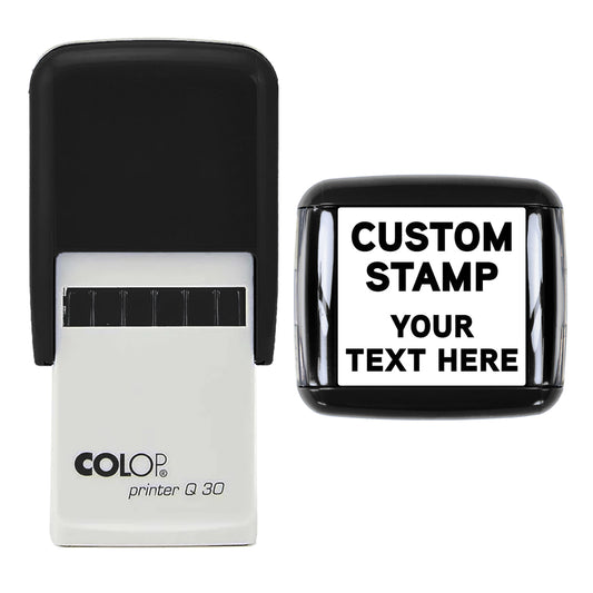 Stamp showing the Personalised Custom Text design, 30 x 30mm COLOP Q30 self-inking stamp, black ink