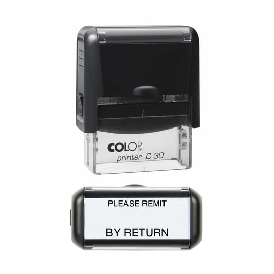Stamp showing the Please Remit By Return design, 45 x 18mm COLOP C30 self-inking stamp, black ink