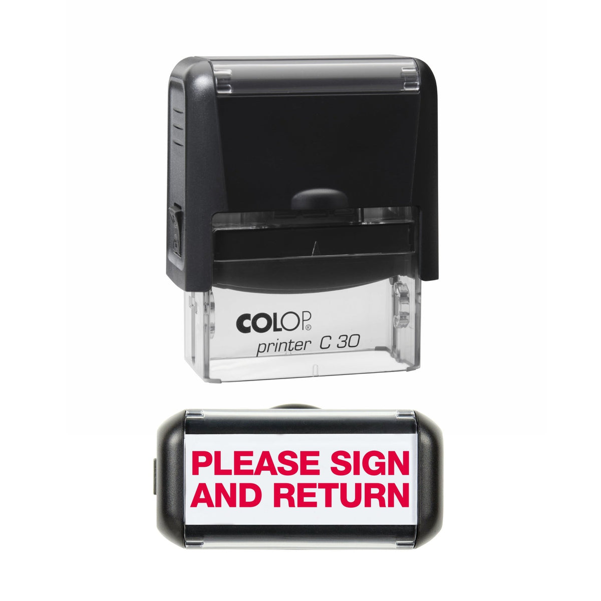 Stamp showing the Please Sign And Return design, 45 x 18mm COLOP C30 self-inking stamp, red ink