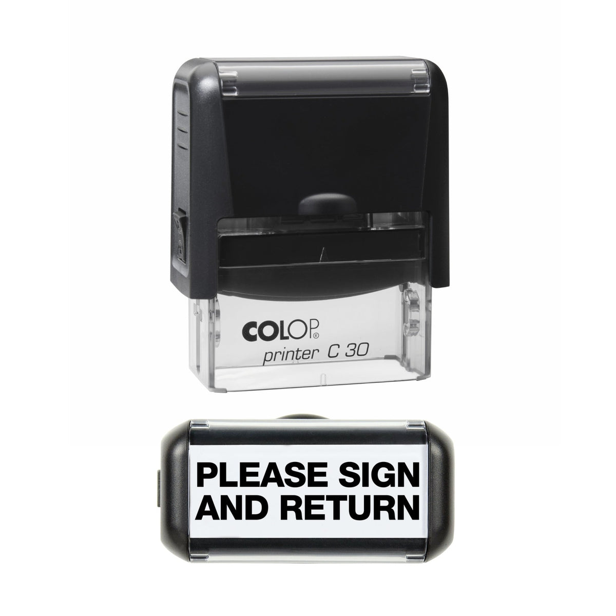 Stamp showing the Please Sign And Return design, 45 x 18mm COLOP C30 self-inking stamp, black ink
