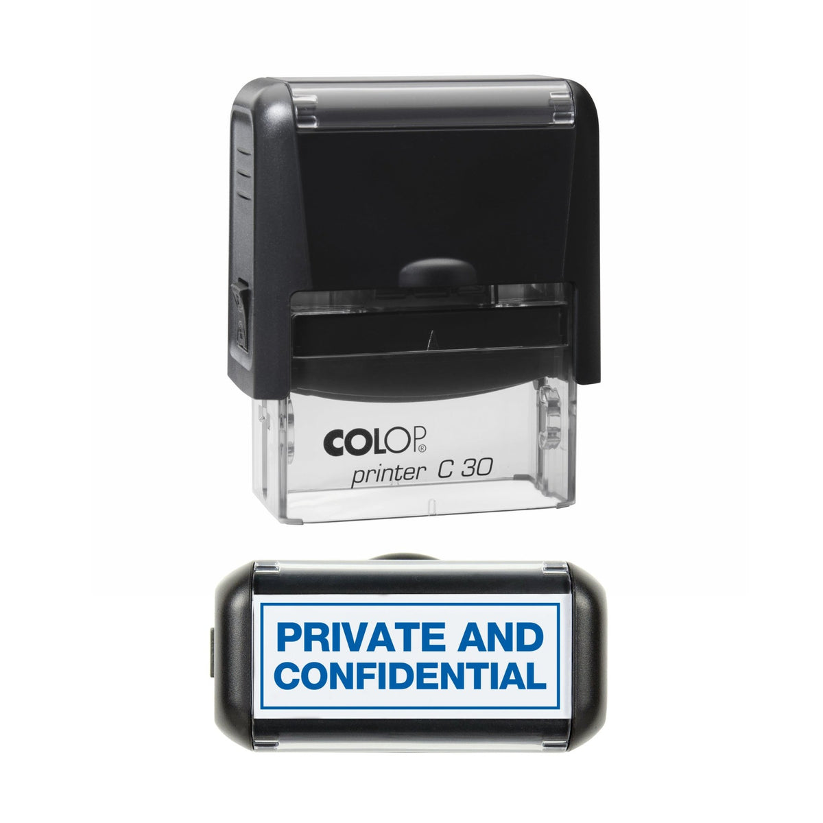 Stamp showing the Private And Confidential design, 45 x 18mm COLOP C30 self-inking stamp, blue ink